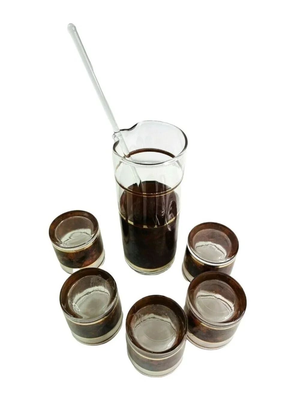 Vintage Culver Tortoise Cocktail Set w/ Pitcher 4 Glasses Stir Stick MCM 22k Bar